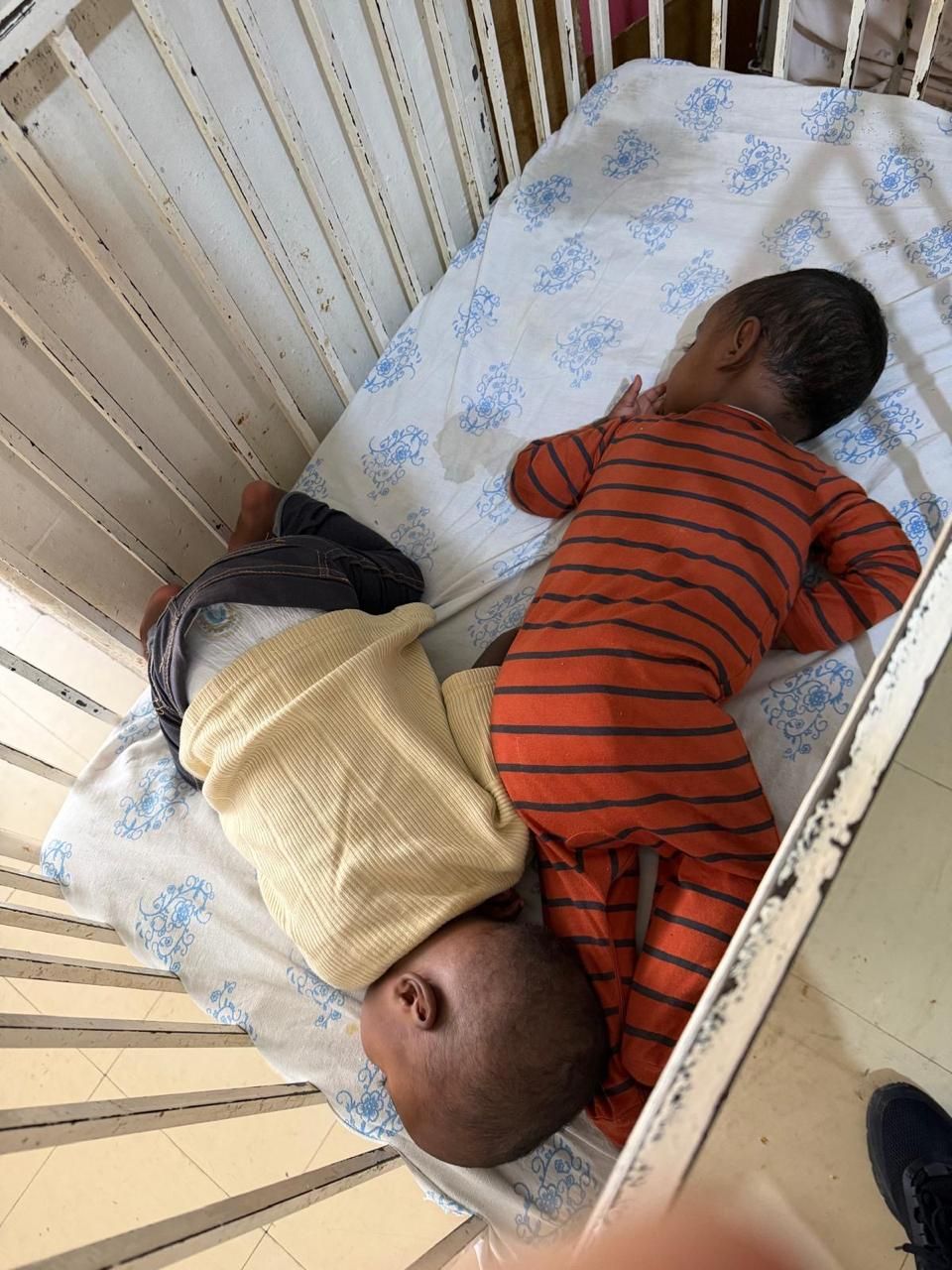 Two small children asleep in a crib.
